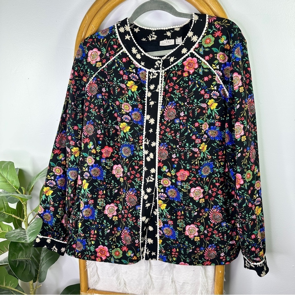 LOGO By Lori Goldstein Black Floral Shirt Jacket sz L